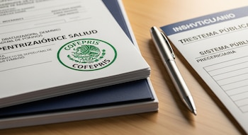 Pila de documentos oficiales sobre escritorio de madera. Uno de los documentos tiene el sello verde de COFEPRIS con el escudo de México. Un bolígrafo metálico y un recetario están al lado.