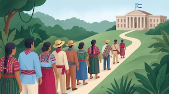 Una ilustración de nueve personas indígenas con vestimenta tradicional camina por un sendero hacia un edificio de columnas con la bandera de la Corte Interamericana.