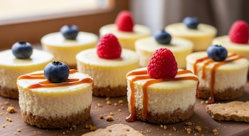 Primer plano de varios mini cheesecakes individuales sobre una superficie de madera, adornados con arándanos, frambuesas y salsa de caramelo.