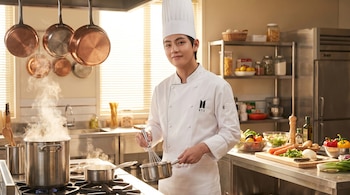 Un joven sonríe vistiendo uniforme y gorro de chef blanco en una cocina profesional. Sostiene un batidor en una olla pequeña sobre la estufa; detrás hay ollas hirviendo y verduras frescas.