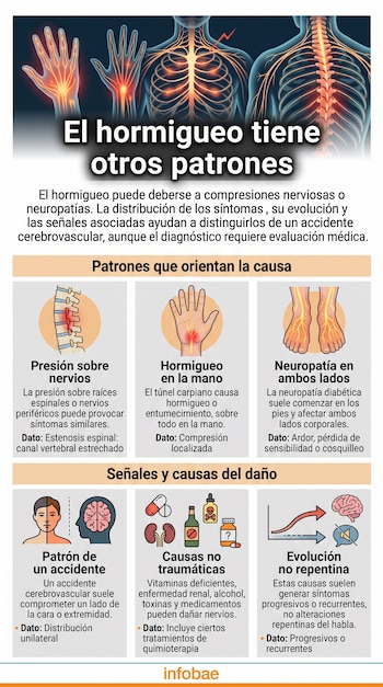 Infografía sobre el hormigueo con ilustraciones del sistema nervioso, columna vertebral, manos, pies, un rostro, frascos de medicina y un gráfico.
