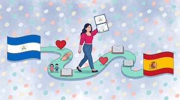 Ilustración: mujer con diploma, camino entre banderas de Nicaragua y España, con iconos de corazón, manos unidas, niños y libros abiertos.