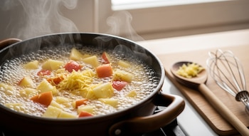 Primer plano de una olla oscura sobre una estufa con trozos de manzana y jengibre rallado burbujeando. Se ve vapor. Junto a ella, una cuchara de madera y un batidor.