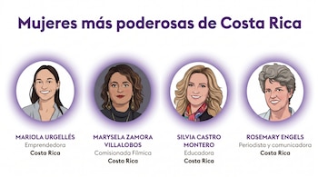 Ilustración de cuatro mujeres sonrientes: Mariola Urgellés, Marysela Zamora, Silvia Castro y Rosemary Engels, identificadas con sus nombres y profesiones.