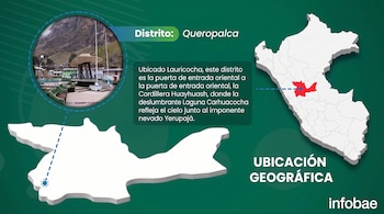 Mapa de Perú con un sector resaltado en rojo, una fotografía circular de la plaza de Queropalca y texto explicativo sobre su ubicación.