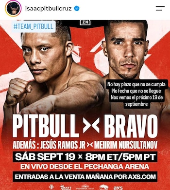 La fecha oficial de su próxima pelea es el 19 de septiembre cuando se enfrente al puertorriqueño Néstor Bravo (Instagram | Pitbull Cruz)