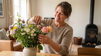 Una mujer de mediana edad con suéter beige sonríe mientras arregla un florero con flores coloridas sobre una mesa de madera en su sala. Sus manos están sucias.