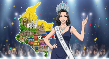 Ilustración de mujer animada con corona y banda "MISS UNIVERSE COLOMBIA" frente a mapa de Colombia con edificios y casas coloridas, público y confeti.