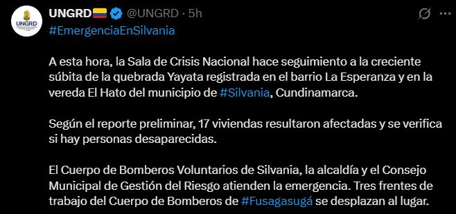 La UNGRD reporta que 17 viviendas resultaron afectadas y mantiene seguimiento a la emergencia en Silvania. - crédito @UNGRD/X