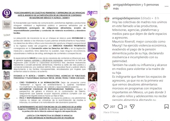 Las colectivas hicieron un llamado urgente para establecer una política de cero tolerancia a deudores alimentarios en la industria del entretenimiento mexicano. (Instagram/ @amigapidelapension)