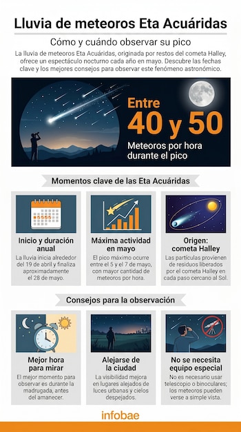 Infografía detallada sobre la lluvia de meteoros Eta Acuáridas con un observador mirando las estrellas, ilustraciones de calendario, gráfico y consejos.