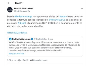 Tuit de Fedetranscarga sobre el