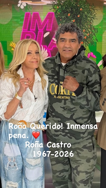 Susana Roccasalvo y Jorge Castro posan levantando los puños en un estudio de televisión con texto superpuesto