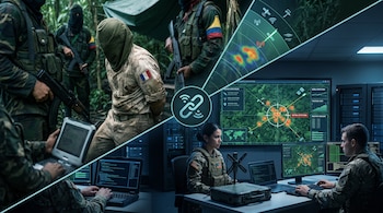 Hombres armados en la selva y personal militar operando computadoras con mapas satelitales en un centro de inteligencia.