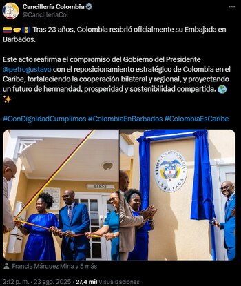 Publicación de la Cancillería de Colombia sobre embajada de Colombia en Barbados - crédito @CancilleriaCol