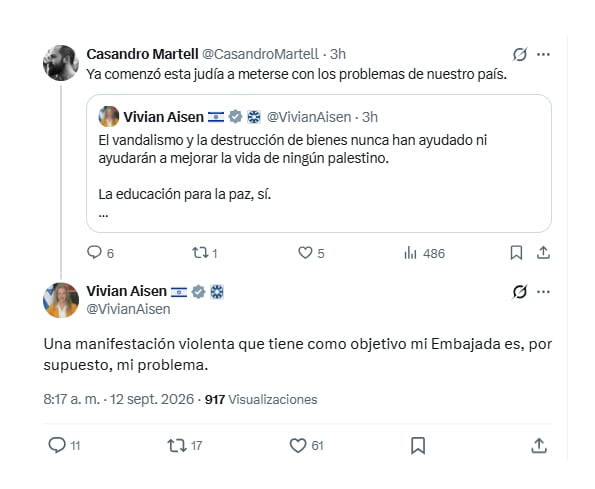 Con este otro mensaje en X, la embajadora de Israel en Colombia, Vivian Aisen, se refirió a actos vandálicos ocurridos en sus instalaciones diplomáticas - crédito @VivianAisen/X