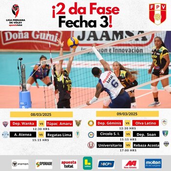 Programación de la Fecha 3 de la Fase 2 de la Liga Peruana de Vóley 2024/25.