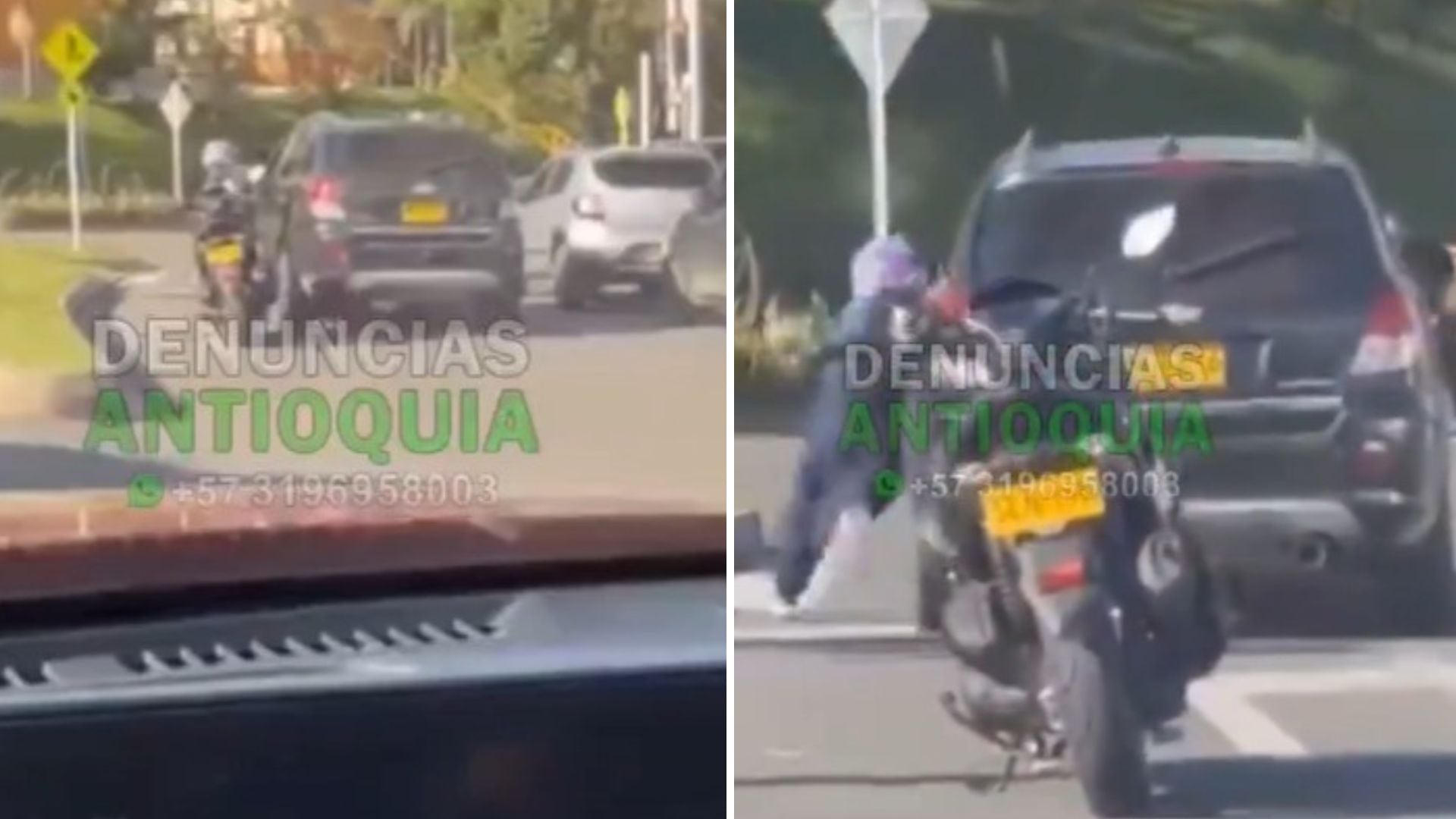 Una mujer resultó arrastrada varios metros por una camioneta negra en Rionegro, Antioquia, mientras circulaba en motocicleta tipo scooter - crédito Captura video Denuncias Antioquia