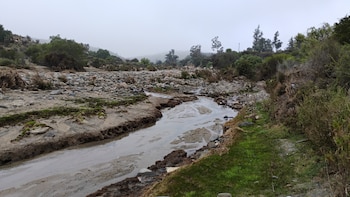 Cauce de un arroyo pedregoso con agua turbia, vegetación en las orillas y colinas con niebla en el fondo