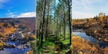 Villa Flor Serrana combina arroyos, senderos y paisajes de montaña a pocos kilómetros de Tanti (Composición fotográfica)