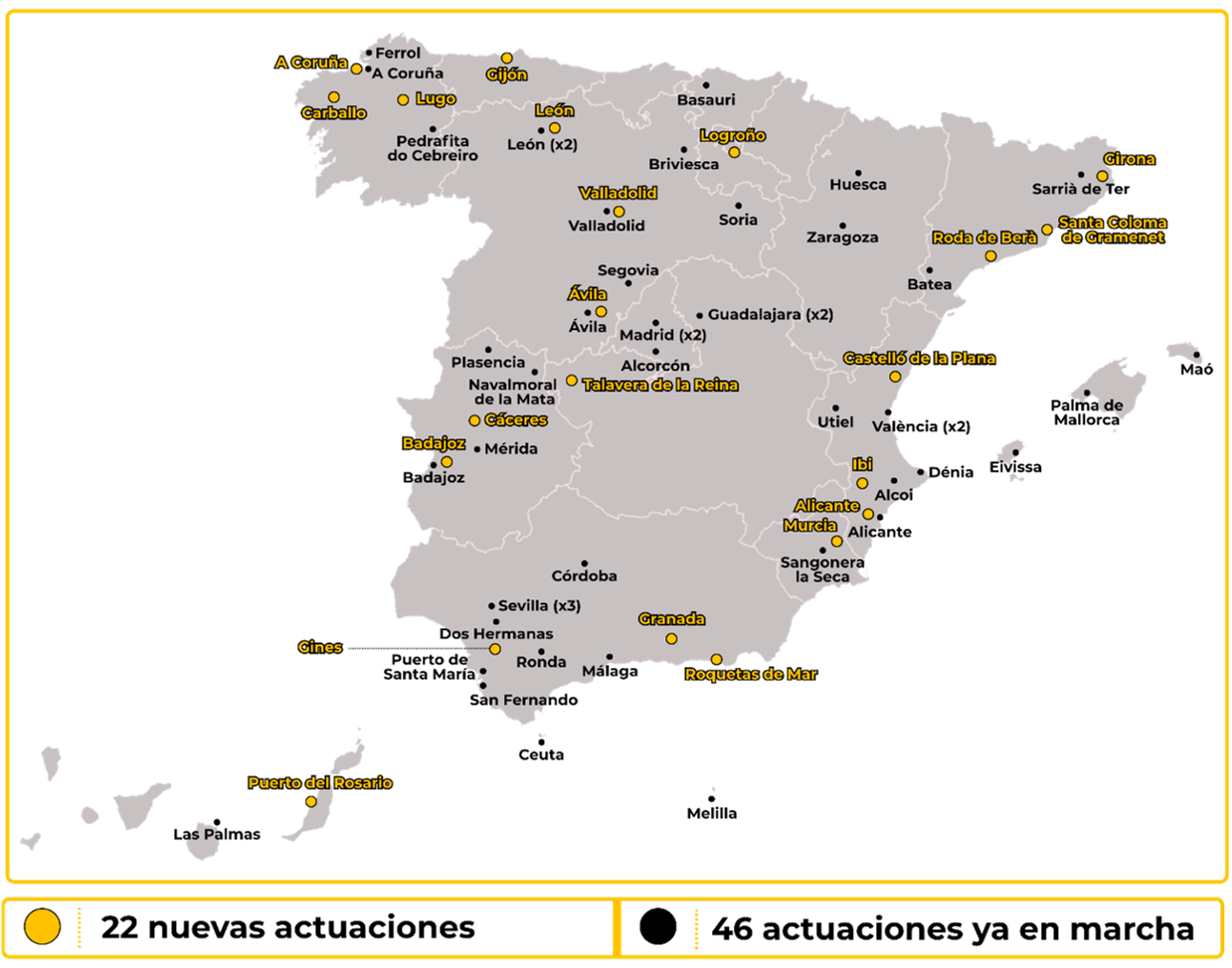 Mapa de los proyectos de Casa 47 en el territorio español (Ministerio de Vivienda y Agenda Urbana)