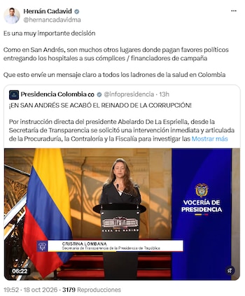 Hernán Cadavid respaldó la intervención del hospital y alertó por pagos de favores políticos - crédito @hernancadavidma/X