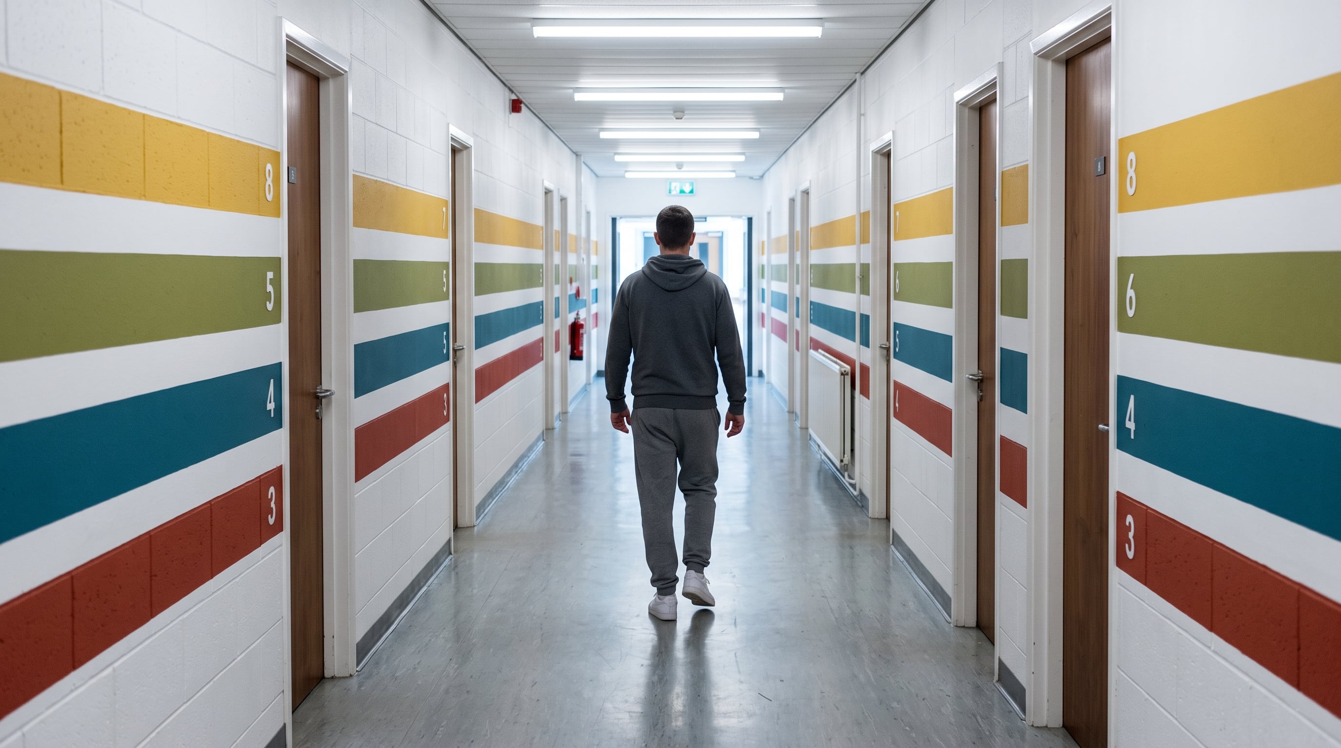 Un hombre camina de espaldas por el pasillo de un centro de rehabilitación decorado con franjas horizontales de colores y puertas numeradas. (Imagen Ilustrativa Infobae)