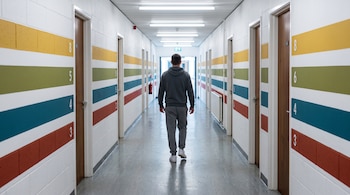Un hombre de espaldas camina por un pasillo blanco con franjas de colores, números pintados en la pared y puertas de madera.