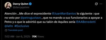 Periodista de La FM sobre las declaraciones de Juan Manuel Santos - crédito captura de pantalla X