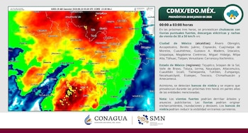Mapa meteorológico satelital con zonas de colores verde, amarillo, rojo y azul, puntos amarillos, nombres de ciudades y logos de CONAGUA y SMN