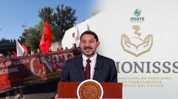 Hombre de traje y corbata en un podio con el escudo nacional de México, con un fondo dividido entre una protesta y un logo grande del ISSSTE.