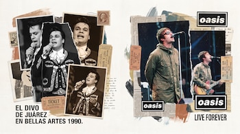 Collage de fotos de Juan Gabriel y Liam Gallagher de Oasis en concierto, boletos, sellos postales, recortes de prensa y texto.