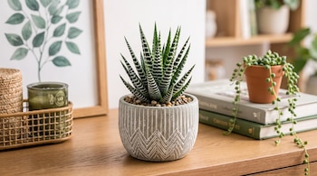 Una suculenta con franjas blancas en maceta gris sobre un mueble de madera, junto a libros, una vela y un cuadro.