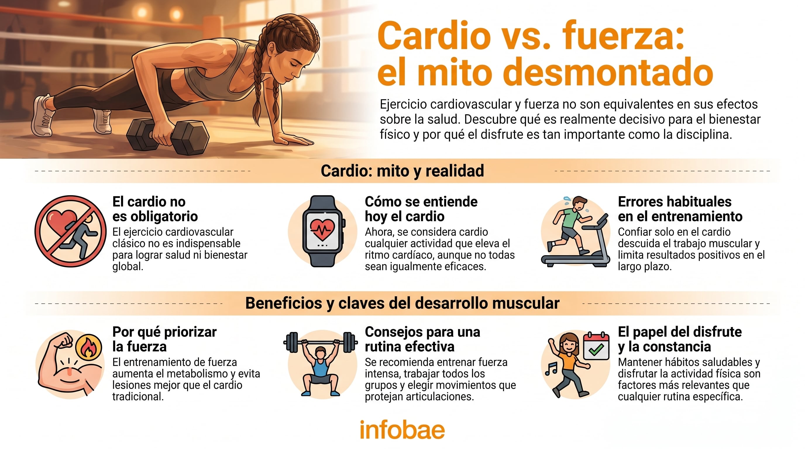 Esta infografía explica cómo el desarrollo muscular supera al cardio tradicional en beneficios para la salud y el metabolismo, desmitificando creencias comunes sobre el ejercicio físico. (Imagen Ilustrativa Infobae)