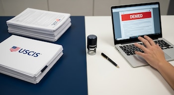 Primer plano de un escritorio dividido: pilas de documentos de USCIS a la izquierda, una laptop con notificación "DENIED" y una mano a la derecha. Un sello y bolígrafo en el centro.