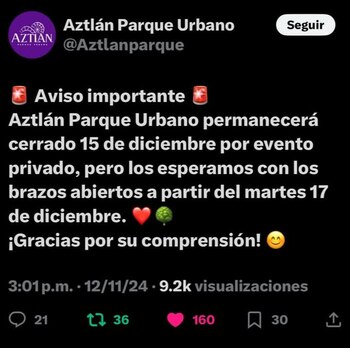 Aviso de Aztlán Parque Urbano,