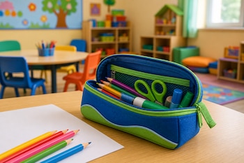 Cartuchera azul y verde con tijeras y lápices sobre una mesa de madera con una hoja blanca, con sillas y muebles infantiles al fondo.
