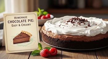 Primer plano de un pay de chocolate con crema batida y virutas, una tarjeta de receta y frambuesas sobre una mesa de madera con luz natural.