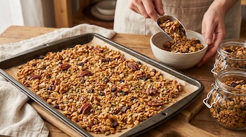 Una bandeja de horno con granola dorada, mezclada con avena, nueces, semillas y pasas. Una mano sirve granola en un tazón junto a frascos llenos.