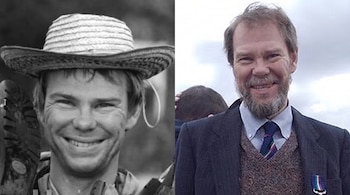Dos fotografías contiguas: a la izquierda, un hombre joven con sombrero de paja; a la derecha, el mismo hombre con barba, traje y corbata.