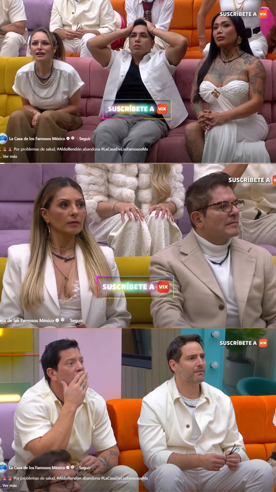Participantes del programa La Casa de los Famosos México reaccionan en la sala tras anunciarse la salida de Aldo Rendón por razones de salud. (YouTube)