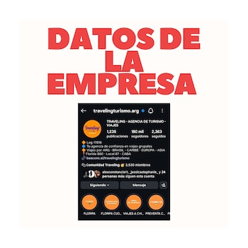 Captura de pantalla de un perfil de Instagram con el nombre de usuario 'travelingturismo.arg', mostrando su logo, número de seguidores y datos de contacto
