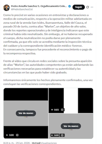 Pedro Sánchez, titular de la cartera, precisó que no se realizó la inspección técnica del cadáver y la correspondiente identificación médico-forense, por lo que no fue procedente el reconocimiento ni el pago de la recompensa respectiva - crédito @PedroSanchezCol/X