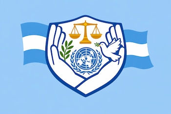 Ilustración plana de un escudo de manos entrelazadas con balanza, paloma, rama de olivo y logo de la ONU, sobre una bandera argentina celeste y blanca.