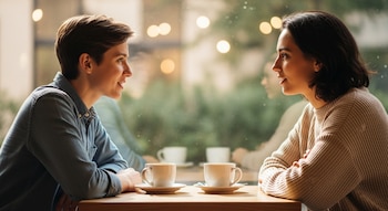 Dos personas sentadas en una mesa de madera con tazas de café. Una persona con camisa de mezclilla y otra con suéter de punto se miran.