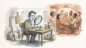 Un hombre observa con una lupa una hoja en un plato junto a frascos y listas de reglas, separado de un grupo de personas comiendo juntas.