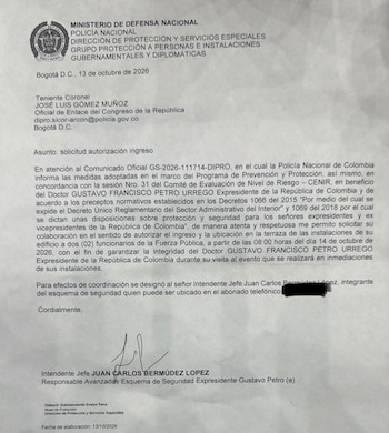 Esta es la carta en la que se solicitó seguridad para Gustavo Petro - crédito @UltimaHoraCR/X