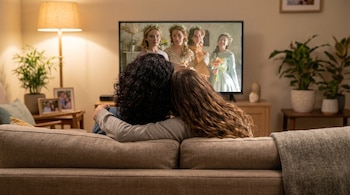 Vista trasera de una madre e hija sentadas en un sofá, abrazadas, mirando una película en una televisión que muestra a cuatro jóvenes vestidas de época.