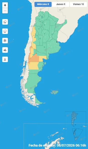 Mapa da Argentina com divisões internas, áreas verdes, amarelas e laranja, ícone meteorológico vertical, gráfico diário e data de publicação