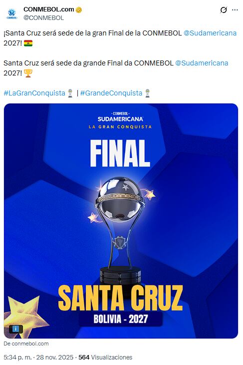 Santa Cruz de la Sierra albergará el partido decisivo de la Sudamericana 2027